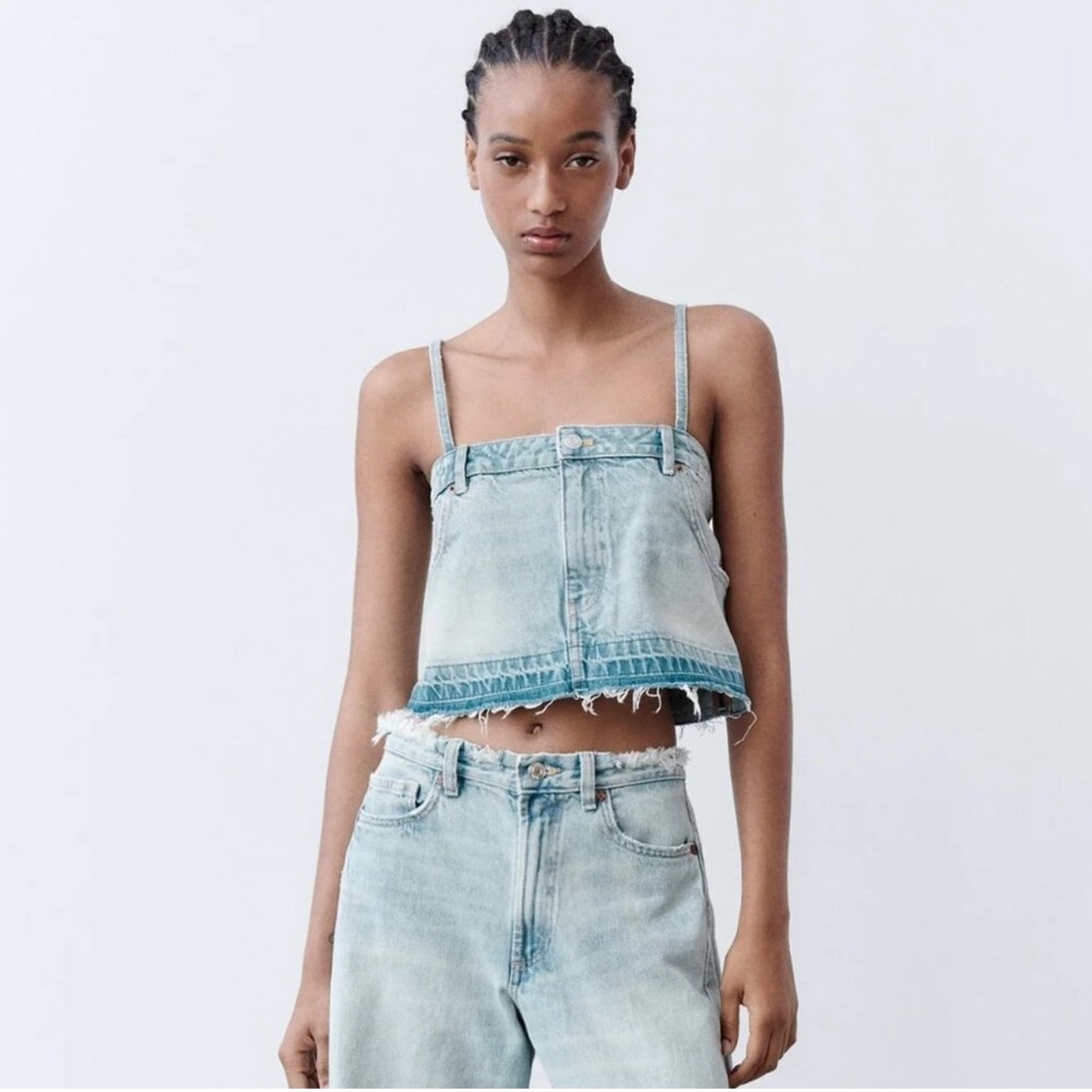 Zara Boxy Denim Crop Top with Spaghetti Straps-Size Large NWOT